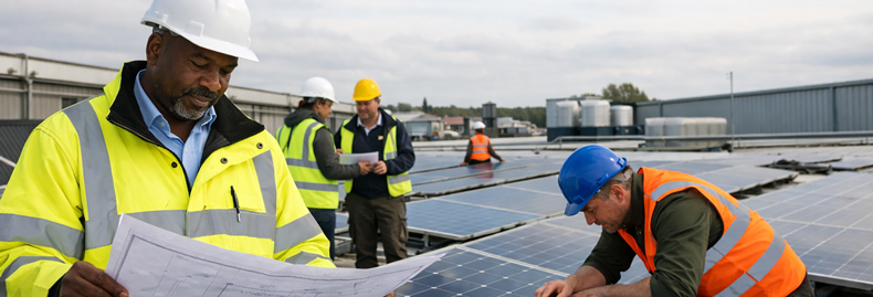 Industrial building with solar panels in the UK